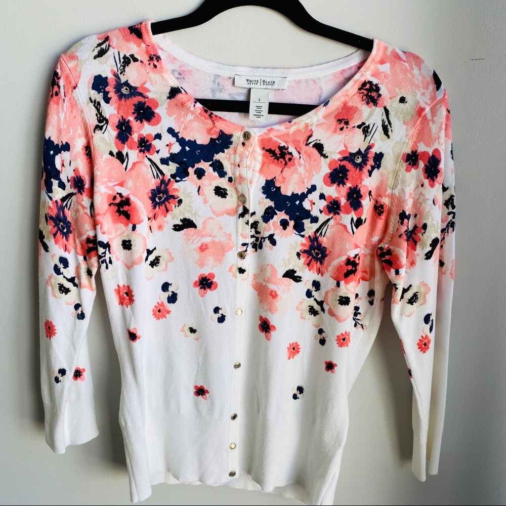 White House Black Market, white floral cardigan